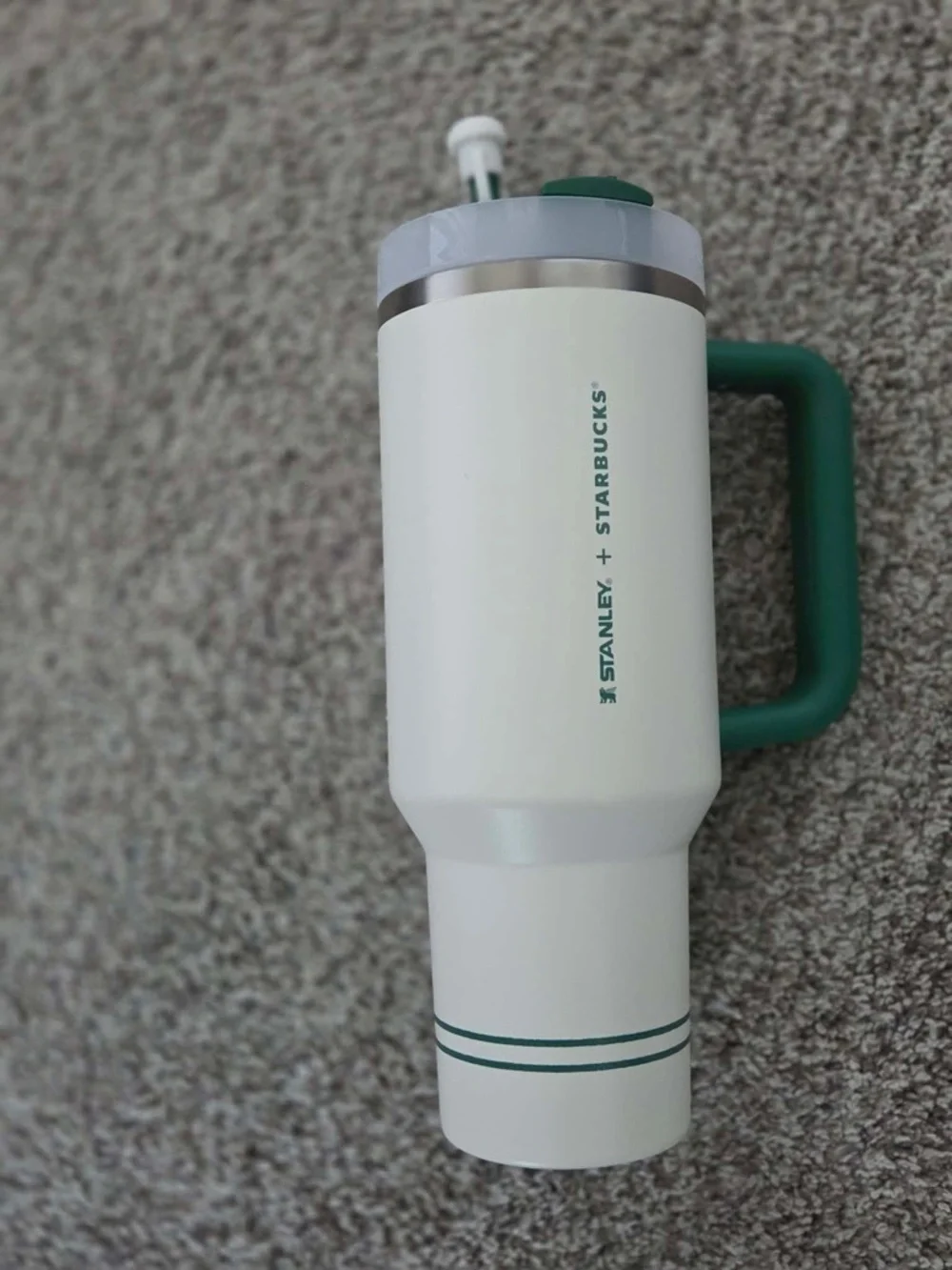 Stanley White Travel Tumbler with Green Handle - Picture 2 of 3